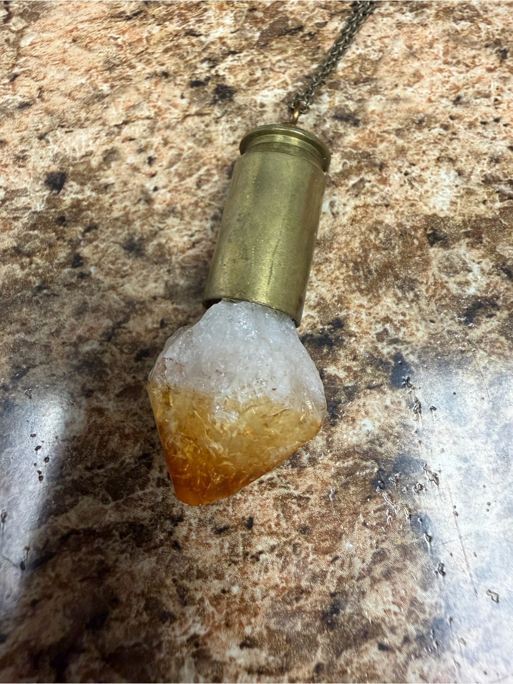 Speer 45 Auto Bullet Casing Necklace Citrine Quartz Crystal Pendant 27”